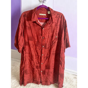 XL Red Batik Bay short sleeve casual button down shirt top Rayon 90’s Hawaiian
